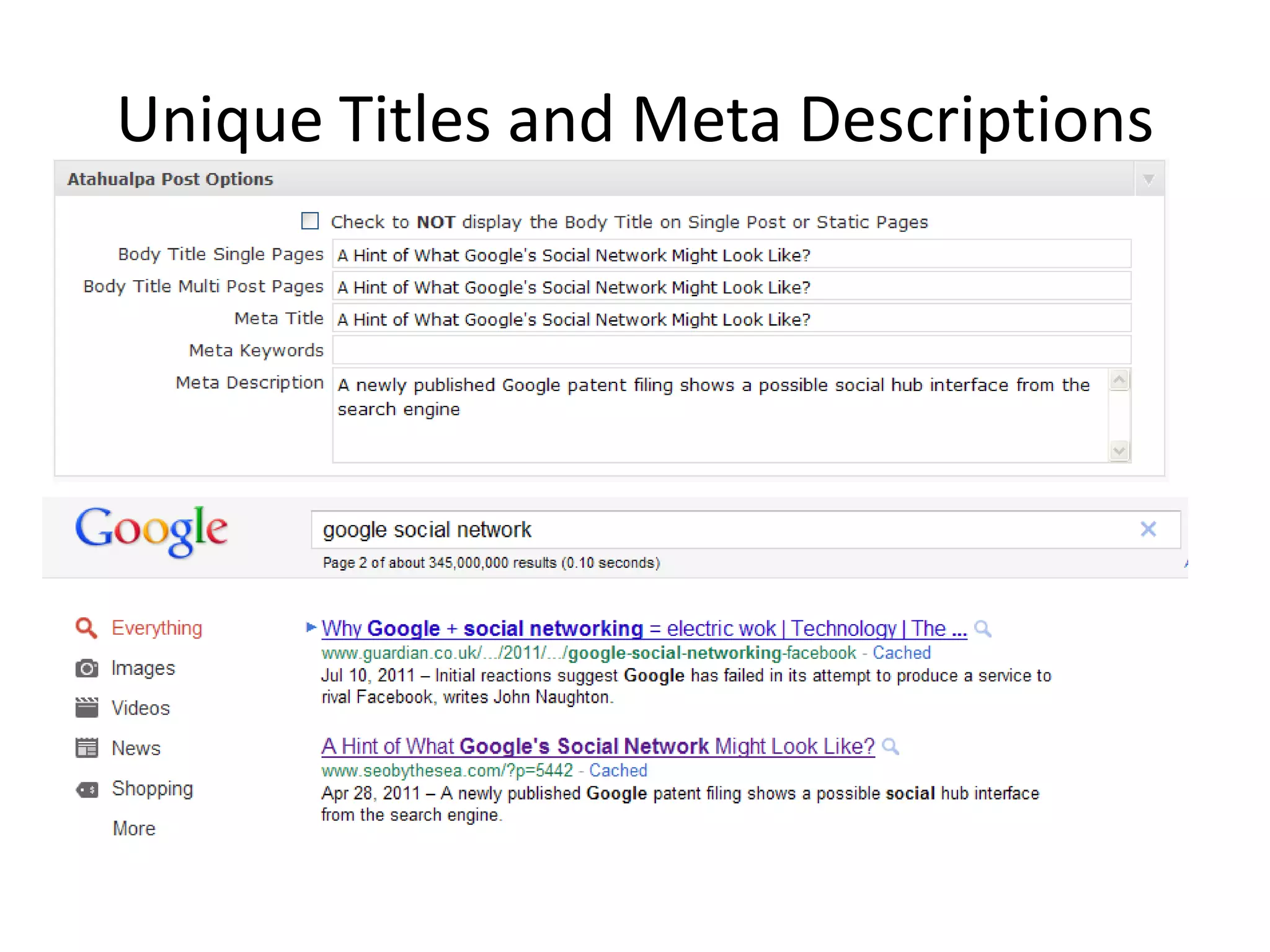 Unique Titles and Meta Descriptions
 