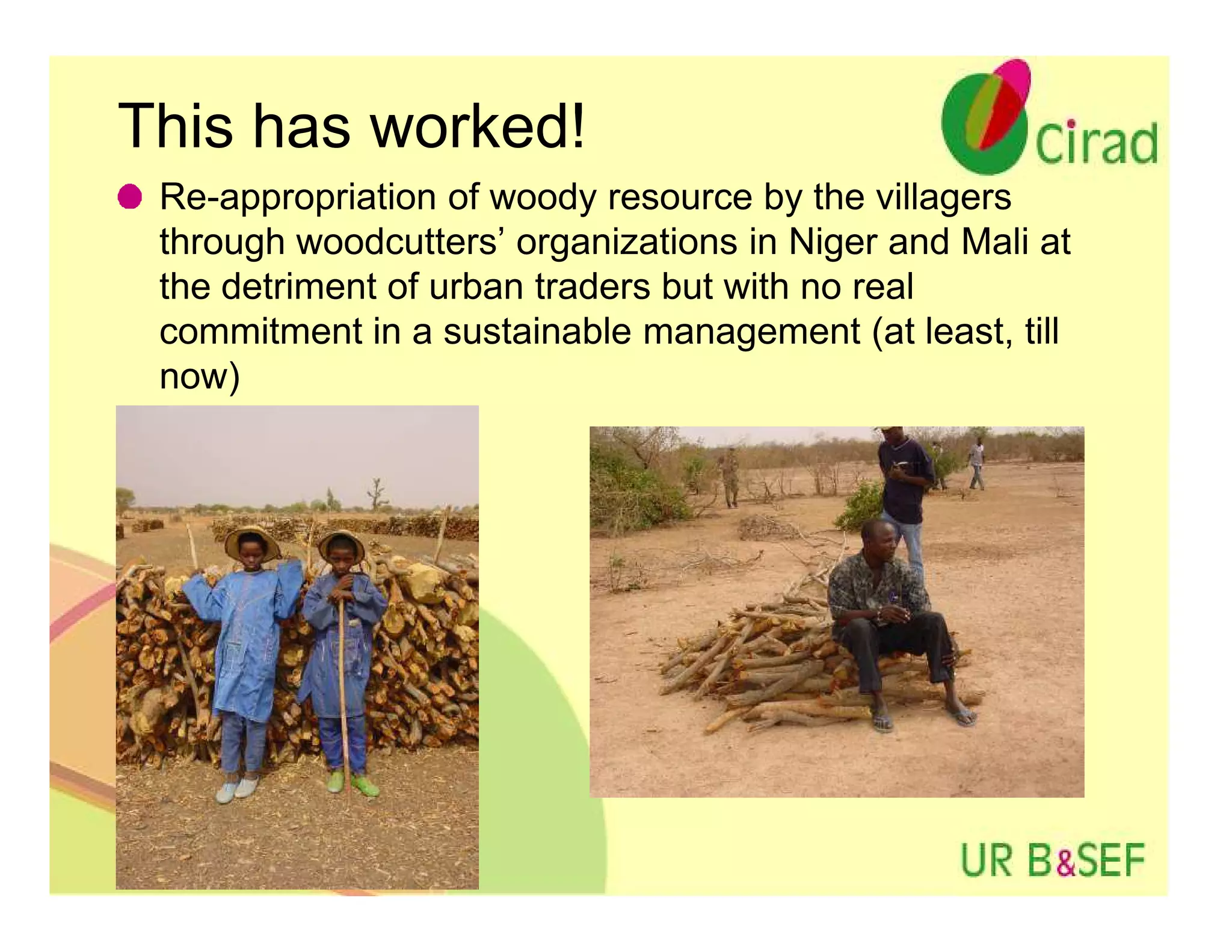 This has worked!
 Re-appropriation of woody resource by the villagers
 through woodcutters’ organizations in Niger and Mali at
 the detriment of urban traders but with no real
 commitment in a sustainable management (at least, till
 now)
 