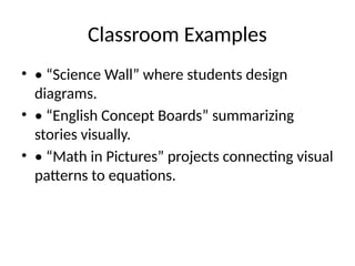 Classroom Examples
• • “Science Wall” where students design
diagrams.
• • “English Concept Boards” summarizing
stories visually.
• • “Math in Pictures” projects connecting visual
patterns to equations.
 