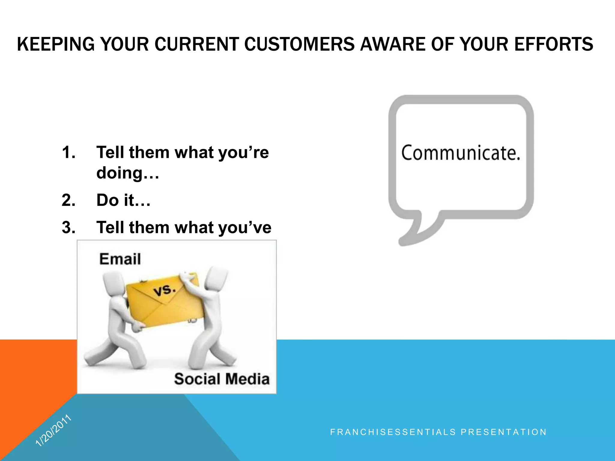 Keeping your current customers aware of your efforts Tell them what you’re doing…Do it…Tell them what you’ve done!1/20/2011franchisEssentials presentation 