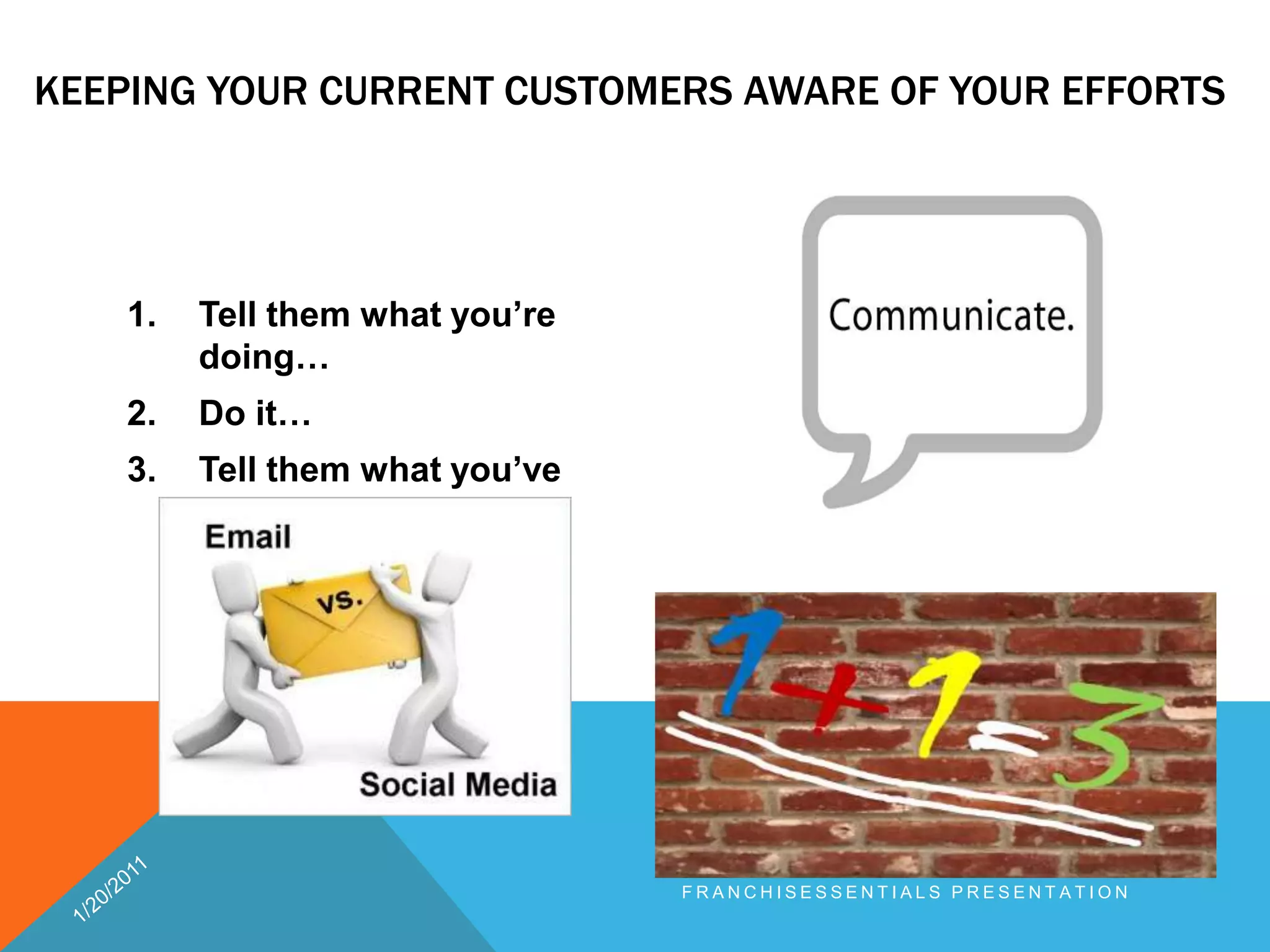 Keeping your current customers aware of your efforts Tell them what you’re doing…Do it…Tell them what you’ve done!1/20/2011franchisEssentials presentation 
