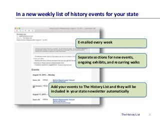 The History List 3
In a new weekly list of history events for your state
E-mailed every week
Add your events to The Histor...