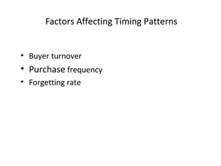 Factors Affecting Timing Patterns


• Buyer turnover
• Purchase frequency
• Forgetting rate
 