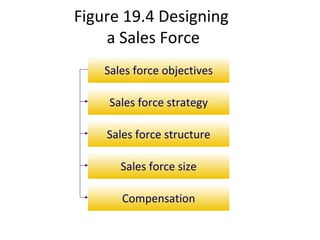 Figure 19.4 Designing
    a Sales Force
    Sales force objectives

     Sales force strategy

    Sales force structure

       Sales force size

       Compensation
 