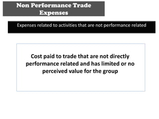 Non Performance Trade
      Expenses
Expenses related to activities that are not performance related




      Cost paid to trade that are not directly
    performance related and has limited or no
          perceived value for the group
 