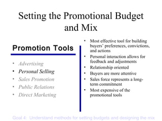 Setting the Promotional Budget
and Mix
• Advertising
• Personal Selling
• Sales Promotion
• Public Relations
• Direct Marketing
• Most effective tool for building
buyers’ preferences, convictions,
and actions
• Personal interaction allows for
feedback and adjustments
• Relationship oriented
• Buyers are more attentive
• Sales force represents a long-
term commitment
• Most expensive of the
promotional tools
Promotion ToolsPromotion Tools
Goal 4: Understand methods for setting budgets and designing the mix
 