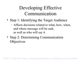 Developing Effective
Communication
• Step 1: Identifying the Target Audience
– Affects decisions related to what, how, when,
and where message will be said,
as well as who will say it
• Step 2: Determining Communication
Objectives
Goal 3: Learn the steps in developing effective marketing communications
 