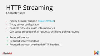 HTTP Streaming
Characteristics
-

Patchy browser support (Issue 249132)
Tricky server configuration
Possible difficulties with intermediaries
Can cause stoppage of all requests until long polling returns

+ Reduced latency
+ Reduced server workload
+ Reduced protocol overhead (HTTP headers)

 