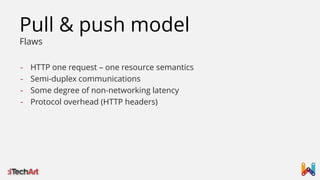 Pull & push model
Flaws
-

HTTP one request – one resource semantics
Semi-duplex communications
Some degree of non-networking latency
Protocol overhead (HTTP headers)

 