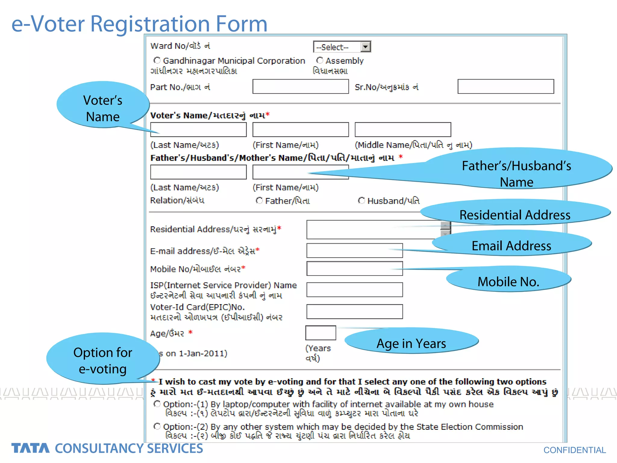 e-Voter Registration Form


       Voter’s
       Name


                                           Father’s/Husband’s
                                                 Name

                                           Residential Address

                                             Email Address

                                              Mobile No.



                            Age in Years
      Option for
       e-voting




                                                           CONFIDENTIAL
 