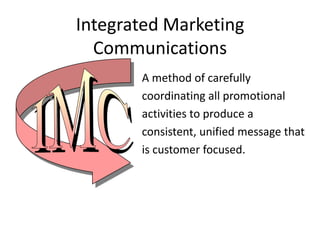 Integrated Marketing
  Communications
       A method of carefully
       coordinating all promotional
       activities to produce a
       consistent, unified message that
       is customer focused.
 