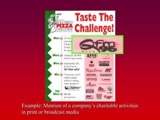 Publicity
• Any nonpersonal presentation of ideas, goods, or
  services that is not paid for by the company or
  individual which benefits from or is harmed by it
• Many consumers pay close attention to publicity.
   – Feel publicity has more credibility because it is not a
     commercial message
   – View publicity as news



   Example: Mention of a company’s charitable activities
   in print or broadcast media
 