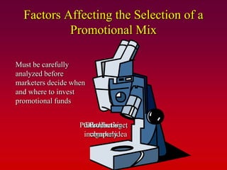 Factors Affecting the Selection of a
           Promotional Mix

Must be carefully
analyzed before
marketers decide when
and where to invest
promotional funds


                   Product’s target
                      Product’s
                    Good, service,
                     Distribution
                    image, or idea
                      company
                      channels
                       market
 