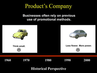 Product’s Company
                Businesses often rely on previous
                  use of promotional methods.




       Think small.                         Less flower. More power.




1960            1970           1980        1990             2000

                       Historical Perspective
 
