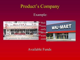 Product’s Company
                          Example:

Today, the Wal-Mart corporation Wal-Mart started as one small
has increased its promotional mix store in Arkansas. In Wal-Mart’s
to include television, radio,     early years, local newspaper
newspapers, special sales bulletins,
                                  advertising and personal selling
and a Wal-Mart web site in order were all that the small company
to promote its national network. could afford.



                     Available Funds
 