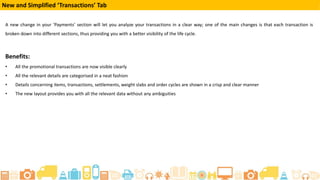New and Simplified ‘Transactions’ Tab
A new change in your ‘Payments’ section will let you analyze your transactions in a clear way; one of the main changes is that each transaction is
broken down into different sections, thus providing you with a better visibility of the life cycle.
Benefits:
• All the promotional transactions are now visible clearly
• All the relevant details are categorised in a neat fashion
• Details concerning items, transactions, settlements, weight slabs and order cycles are shown in a crisp and clear manner
• The new layout provides you with all the relevant data without any ambiguities
 