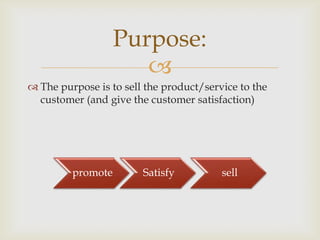 Purpose:
                      
 The purpose is to sell the product/service to the
  customer (and give the customer satisfaction)




         promote        Satisfy          sell
 