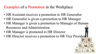 Examples of a Promotion in the Workplace
• HR Assistant receives a promotion to HR Generalist
• HR Generalist is given a promotion to HR Manager
• HR Manager is given a promotion to Manager of Human
Resources and Administration
• HR Manager is promoted to HR Director
• HR Director receives a promotion to HR Vice President
 