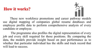 How it works?
These new workforce promotions and career pathway models
use digital mapping of companies global resume databases and
employee profile data to perform comprehensive analysis of every
candidate or employee.
The programme also profiles the digital representation of every
job and every skill required for those positions. By comparing the
data, the models provide insight based on past performance as to
whether that particular individual has the skills and track record that
will lead to success.
 
