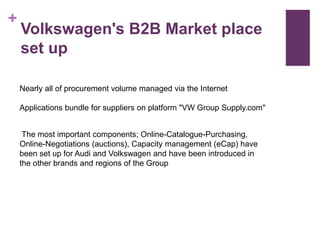 +
    Volkswagen's B2B Market place
    set up

    Nearly all of procurement volume managed via the Internet

    Applications bundle for suppliers on platform "VW Group Supply.com"


     The most important components; Online-Catalogue-Purchasing,
    Online-Negotiations (auctions), Capacity management (eCap) have
    been set up for Audi and Volkswagen and have been introduced in
    the other brands and regions of the Group
 