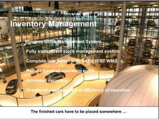 +
    Inventory Management

         Wireless Stock Management System

         Fully transparent stock management system

         Complete integration with SAP® R/3® WMS

         Reduced overall operating costs

         Increased accuracy

         Greater all-roud speed and efficiency of operation
 