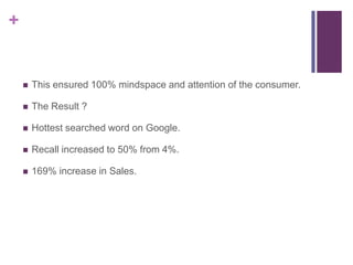 +


       This ensured 100% mindspace and attention of the consumer.

       The Result ?

       Hottest searched word on Google.

       Recall increased to 50% from 4%.

       169% increase in Sales.
 