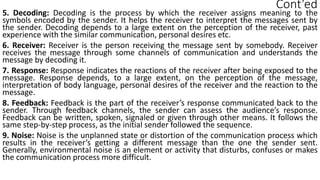 Cont’ed
5. Decoding: Decoding is the process by which the receiver assigns meaning to the
symbols encoded by the sender. It helps the receiver to interpret the messages sent by
the sender. Decoding depends to a large extent on the perception of the receiver, past
experience with the similar communication, personal desires etc.
6. Receiver: Receiver is the person receiving the message sent by somebody. Receiver
receives the message through some channels of communication and understands the
message by decoding it.
7. Response: Response indicates the reactions of the receiver after being exposed to the
message. Response depends, to a large extent, on the perception of the message,
interpretation of body language, personal desires of the receiver and the reaction to the
message.
8. Feedback: Feedback is the part of the receiver’s response communicated back to the
sender. Through feedback channels, the sender can assess the audience’s response.
Feedback can be written, spoken, signaled or given through other means. It follows the
same step-by-step process, as the initial sender followed the sequence.
9. Noise: Noise is the unplanned state or distortion of the communication process which
results in the receiver’s getting a different message than the one the sender sent.
Generally, environmental noise is an element or activity that disturbs, confuses or makes
the communication process more difficult.
 