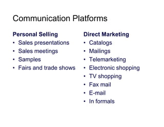 Communication Platforms
Personal Selling
• Sales presentations
• Sales meetings
• Samples
• Fairs and trade shows

Direct Marketing
• Catalogs
• Mailings
• Telemarketing
• Electronic shopping
• TV shopping
• Fax mail
• E-mail
• In formals

 