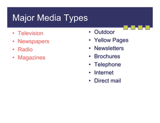 Major Media Types
•
•
•
•

Television
Newspapers
Radio
Magazines

•
•
•
•
•
•
•

Outdoor
Yellow Pages
Newsletters
Brochures
Telephone
Internet
Direct mail

 