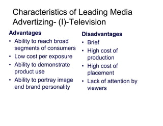 Characteristics of Leading Media
Advertizing- (I)-Television
Advantages
• Ability to reach broad
segments of consumers
• Low cost per exposure
• Ability to demonstrate
product use
• Ability to portray image
and brand personality

Disadvantages
• Brief
• High cost of
production
• High cost of
placement
• Lack of attention by
viewers

 