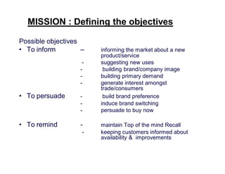 MISSION : Defining the objectives
Possible objectives
• To inform
–
-

• To persuade

-

• To remind

-

informing the market about a new
product/service
suggesting new uses
building brand/company image
building primary demand
generate interest amongst
trade/consumers
build brand preference
induce brand switching
persuade to buy now
maintain Top of the mind Recall
keeping customers informed about
availability & improvements

 