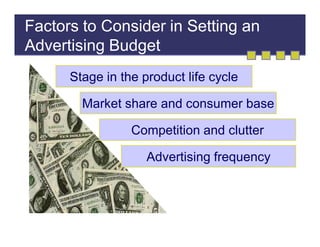 Factors to Consider in Setting an
Advertising Budget
Stage in the product life cycle
Market share and consumer base
Competition and clutter
Advertising frequency

 