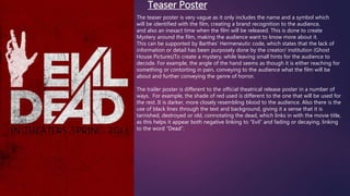Teaser Poster 
The teaser poster is very vague as it only includes the name and a symbol which 
will be identified with the film, creating a brand recognition to the audience, 
and also an inexact time when the film will be released. This is done to create 
Mystery around the film, making the audience want to know more about it. 
This can be supported by Barthes’ Hermeneutic code, which states that the lack of 
information or detail has been purposely done by the creator/ institution (Ghost 
House Pictures)To create a mystery, while leaving small hints for the audience to 
decode. For example, the angle of the hand seems as though it is either reaching for 
something or contorting in pain, conveying to the audience what the film will be 
about and further conveying the genre of horror. 
The trailer poster is different to the official theatrical release poster in a number of 
ways. For example, the shade of red used is different to the one that will be used for 
the rest. It is darker, more closely resembling blood to the audience. Also there is the 
use of black lines through the text and background, giving it a sense that it is 
tarnished, destroyed or old, connotating the dead, which links in with the movie title, 
as this helps it appear both negative linking to “Evil” and fading or decaying, linking 
to the word “Dead”. 
 