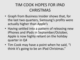 TIM COOK HOPES FOR iPAD
CHRISTMAS
• Graph from Business Insider shows that, for
the last two quarters, Samsung’s profits were
actually higher than Apple’s
• Having settled into a pattern of releasing new
iPhones and iPads in September/October,
Apple is now highly reliant on the holiday
quarter in Q4
• Tim Cook may have a point when he said, “I
think it’s going to be an iPad Christmas.”

 