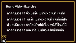 Brand Vision Exercise
ถŒาคุณมีเวลา 1 ชั่วโมงที่จะไปเที่ยว จะไปที่ไหนที่ดี
ถŒาคุณมีเวลา 1 วันที่จะไปเที่ยว จะไปที่ไหนที่ดีที่สุด
ถŒาคุณมีเวลา 1 อาทิตยที่จะไปเที่ยว จะไปที่ไหนที่ดี
ถŒาคุณมีเวลา 1 เดือนที่จะไปเที่ยว จะไปที่ไหนที่ดี
 