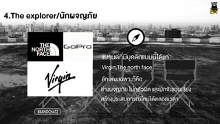 4.The explorer/นักผจญภัย
Virgin,The north face
BRANDCHATZ
แบรนดที่มีบุคลิกแบบนี้ไดŒแก‹
ลักษณะเฉพาะก็คือ
ช‹างผจญภัย ไม‹กลัวผิด และมักจัะชอบเสี่ยง
สรŒางประสบการณใหม‹ไดŒตลอดเวลา
 