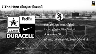 7.The Hero /วีรบุรษ วีรสตรี
Us army,Fedex,Nike,Duracell
BRANDCHATZ
แบรนดที่มีบุคลิกแบบนี้ไดŒแก‹
ลักษณะเฉพาะก็คือ
กลŒาหาญ ภูมิใจ,การแข‹งขัน,ชัยชนะ มีเลือดนักสูŒ
 