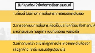 สิ่งที่คุณตŒองเขŒาใจต‹อการสื่อสารแบรนด
1.เดี๋ยวนี้ ไม‹มีคำว‹า การสื่อสารทางเดียวอีกต‹อไปแลŒว
2.การออกแบบการสื่อสาร ตŒองเปšนประโยคที่ตŒองสื่อสารกันได
ระหว‹างแบรนด กับลูกคŒา แบบที่มีตัวตน จับตŒองไดŒ
3.อย‹าถามแค‹ว‹า จะเขŒาถึงลูกคŒายังไง แต‹จงคิดต‹อไปดŒวยว‹า
แลŒวลูกคŒาจะเขŒาถึง แบรนด(คุณ)อย‹างไร
 