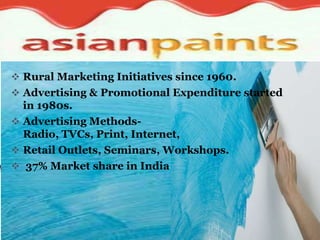  Rural Marketing Initiatives since 1960.
 Advertising & Promotional Expenditure started
  in 1980s.
 Advertising Methods-
  Radio, TVCs, Print, Internet,
  •Promotional Expenditure grew from 15%
 Retail Outlets, Seminars, Workshops.            in
   37% Market share in India
 2003 to 21% in 2008. and right now 41%.

  Major in Advertisement
 