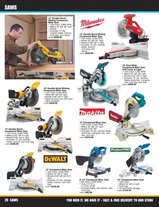 SAWS YOU NEED IT, WE HAVE IT - FAST & FREE DELIVERY TO OUR STORE28
SAWS
12" Double Bevel Sliding
Compound Miter Saw
• 15A motor, 3,200 RPM
• Miters 55° left, 60° right
• Bevels 0-48° left or right
• Includes 12" dia. carbide
blade, wrench,
dust bag, and
clamp
348467 $659.99
12" Compound Miter Saw
• 15A motor, 4,000 RPM
• Miters 50° left or right
• Bevels 0-48° left and 0-3°
right
• Includes 12" dia. carbide
blade, wrench, and dust
bag
333810 $249.99
12" Double Bevel
Sliding Compound
Miter Saw
• 15A motor, 3,800 RPM
• Miters 50° left, 60° right
• Bevels
• Includes 12" dia.
carbide blade, wrench,
dust bag, and clamp
336265 $609.99
10" Double Bevel Sliding
Compound Miter Saw
• 15A motor, 4,000 RPM
• Miters 60° left, 52° right
• Bevels 0-48° left or right
• Optional laser and LED work
lights available
347342 $454.99
12" Double Bevel
Compound Miter Saw
• 15A motor, 3,600 RPM
• Miters 0-50° left or right
• Bevels 0-48° left or right
• Includes 12" dia. carbide
blade, wrench, and dust bag
336274 $359.99
10" Dual Slide
Compound Miter Saw
with Laser & Light
• 15A motor, 3,200 RPM
• Miters 52° left, 60° right
• Bevels 0-45° left or right
• Includes 10" dia. carbide
blade, wrenches, triangular
rule, dust bag, and vise
300012 $509.99
10" Compound Miter Saw
• 15A motor, 4,600 RPM
• Miters 45° left, 52° right
• Bevels 0-45° left
• Includes 10" dia. carbide blade,
wrenches, triangular rule, dust
bag, and vise
375012 $229.99
8-1/4" Compound Miter Saw
• 8A motor, 4,500 RPM
• Cuts 2-7/16" x
4-13/16" at 90°
• Includes blade, hex wrench, and
dust bag
352807 $89.99
10" Compound Miter Saw
• 15A motor
• Miters 45° left or right
• Dust bag
• On-tool blade storage
380903 $129.99
 