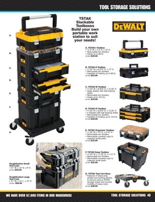 WE HAVE OVER 67,000 ITEMS IN OUR WAREHOUSE TOOL STORAGE SOLUTIONS 49
TOOL STORAGE SOLUTIONS
A.
B.
C.
D.
E.
F.
G.
TSTAK
Stackable
Toolboxes
Build your own
portable work
station to suit
your needs!
A. TSTAK I Toolbox
• 17.3" W. x 7.3" D. x 13" H.
• Removable bin dividers
• Holds up to 66 lb.
301063 $29.99
B. TSTAK II Toolbox
• 17.25" W. x 6.375" D. x 13" H.
• Removable bin dividers
• Capable of holding up to 66 lb.
301062 $24.99
C. TSTAK III Toolbox
• 17.25" W. x 6.875" D. x 12.25" H.
• Deep drawer with ball bearing
slides
• Removable bin dividers
• Holds up to 16.5 lb.
301057 $34.99
D. TSTAK IV Toolbox
• 17.25" W. x 6.875" D. x 12.25" H.
• 2 drawers with ball bearing slides
• Removable bin dividers
• Capable of holding up to 16.5 lb.
301058 $39.99
E. TSTAK Organizer Toolbox
• 17.25" W. x 13" D. x 5.75" H.
• Removable bin dividers
• Removable covered cups to
organize small parts
301059 $32.99
F. TSTAK Deep Toolbox
• 17.25" W. x 11.25" D. x 11.5" H.
• Removable bin dividers
• Removable covered cups to
organize small parts
301061 $32.99
G. TSTAK Tool Cart Base
• Features 4 heavy-duty
wheels and locking latches
to secure various TSTAK
storage boxes and provide
mobility of heavy tools
301064 $49.99
ToughSystem Small
Tool Case
• 21" W. x 13" D. x 6" H.
301054 $49.99
ToughSystem Large
Tool Case
• 21" W. x 14" L. x 15" H.
301052 $69.99
 