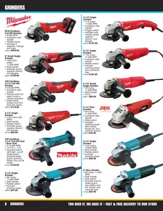 GRINDERS YOU NEED IT, WE HAVE IT - FAST & FREE DELIVERY TO OUR STORE6
GRINDERS
M18 Cordless
Cut-Off Grinder
• 8,000 RPM
• 3-position side
handle
• Paddle switch
• Includes 2
batteries, charger,
and case
348421 $359.99
4-1/2" Angle
Grinder
• 11A motor,
11,000 RPM
• 3-position side
handle
• Trigger switch
• Includes side
handle, guard,
spanner
wrench, and
flanges
350676 $124.99
4-1/2" Angle
Grinder
• 11A motor,
11,000 RPM
• 3-position side
handle
• Paddle switch
• Includes
grinding wheel
and contractor
bag
374784 $104.99
4-1/2" Angle
Grinder
• 7.5A motor, 825
MWO
• Side handle
• Paddle switch
• Includes guard,
spanner wrench,
and flanges
301344 $82.99
5" Small Angle
Grinder
• 13A motor,
2,800-
11,000 RPM
• Side handle
• Includes guard,
spanner wrench,
and flanges
368337 $159.99
4-1/2" Small
Angle Grinder
• 7A motor,
11,000 RPM
• Side handle
• 3.5 lb.
356611 $69.99
18V Cordless
4-1/2" Cut-Off/
Grinder
• 0-9,000 RPM
• 3-position side
handle
• Paddle switch for
ease of use in
various positions
• Intake vents
protect tool from
dust and debris
360674 $119.99
4-1/2" Angle
Grinder
• 7.5A motor,
10,000 RPM
• Side handle
• Paddle switch
• Includes
grinding wheel
340198 $82.99
4-1/2" Angle
Grinder
• 6A motor,
11,000 RPM
• Side handle
• Paddle switch
• Includes
grinding wheel
396443 $57.99
4-1/2" Disc
Grinder
• 6A motor,
11,000 RPM
• 2-position side
handle
• Slide switch
• Includes
grinding wheel,
side handle,
flange set, and
spanner wrench
365270 $32.99
4" Disc Grinder
• 6A motor, 11,000
RPM
• Side handle
• Side switch
• Includes wrench,
wheel guard,
grip holder, lock
nut, flange, and
carrying case
371459 $57.99
18V Cordless
4-1/2" Cut-Off Tool
– Bare Tool
• 0-10,000 RPM
• 12-1/2" L., 5 lb.
• Includes built-in
LED light, cut-off
wheel guard,
grinding wheel
guard, grinding
wheel, and cut-off
wheel
301321 $104.99
 