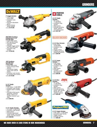 WE HAVE OVER 67,000 ITEMS IN OUR WAREHOUSE GRINDERS 7
GRINDERS
4-1/2" Angle
Grinder
• 10A motor, 11,000 RPM
• 2-position side handle
• Paddle switch w/safety
lock
• Includes wheel guard
assembly, backing
flange, clamp nut,
spanner wrench, and
case
340009 $99.99
7" Angle Grinder
• 4 HP motor,
8,500 RPM
• 2-position side
handle
• Tool-free adjustable
guard
• Quick-change
wheel release
331325 $174.99
4-1/2" Angle Grinder
• 7A motor, 12,000 RPM
• 2-position side handle
• Slide switch
• Includes depressed
center wheel, one-touch
guard, and hex wrench
366633 $59.99
20V MAX Cordless
Lithium-Ion 4-1/2"
Cut-Off Tool
• 6,500 RPM motor
• 5/8" spindle thread
• Tool-free wheel
changes
• 2-finger trigger switch
with lock-off button
• 2-position side
handle
300051 $129.99
18V Cordless
Cut-Off Tool
(Tool Only)
• 6,500 RPM motor
• Quick-change wheel
release
• Convenient trigger
switch with lock-off
button
• 2-position side handle
for comfort and control
357063 $119.99
4-1/2" Angle
Grinder
• 6A motor,
11,000 RPM
• 3-position side
handle
• Slide switch
• Includes grinding
wheel, wrench,
and wheel guard
363863 $31.49
4-1/2" Angle
Grinder
• 5.5A motor,
10,000 RPM
• 2-position side
handle
• Slide switch
• Includes
grinding wheel
and wrench
352926 $29.99
4-1/2" Disc Grinder
• 8.5A motor,
10,000 RPM
• 3-position side
handle
• Trigger switch
• Includes grinding
wheel and wrench
300705 $39.99
4-1/2" Angle Grinder
• 5.8A motor, 11,000 RPM
• 2-position side handle
• Trigger switch
• Includes wrench
311273 $40.49
4-1/2" Disc
Grinder
• 6A motor,
11,000 RPM
• 2-position side
handle
• Slide switch
• Includes grinding
wheel, side handle,
flange set, and
spanner wrench
365270 $32.99
 