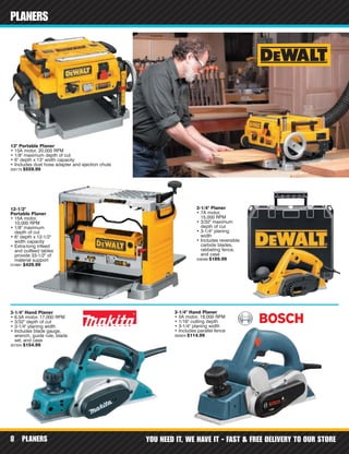 PLANERS YOU NEED IT, WE HAVE IT - FAST & FREE DELIVERY TO OUR STORE8
PLANERS
13" Portable Planer
• 15A motor, 20,000 RPM
• 1/8" maximum depth of cut
• 6" depth x 13" width capacity
• Includes dust hose adapter and ejection chute
300178 $559.99
12-1/2"
Portable Planer
• 15A motor,
10,000 RPM
• 1/8" maximum
depth of cut
• 6" depth x 12-1/2"
width capacity
• Extra-long infeed
and outfeed tables
provide 33-1/2" of
material support
374881 $429.99
3-1/4" Planer
• 7A motor,
15,000 RPM
• 3/32" maximum
depth of cut
• 3-1/4" planing
width
• Includes reversible
carbide blades,
rabbeting fence,
and case
349488 $189.99
3-1/4" Hand Planer
• 6.5A motor, 17,000 RPM
• 3/32" depth of cut
• 3-1/4" planing width
• Includes blade gauge,
wrench, guide rule, blade
set, and case
307505 $154.99
3-1/4" Hand Planer
• 5A motor, 18,000 RPM
• 1/16" cutting depth
• 3-1/4" planing width
• Includes parallel fence
393924 $114.99
 