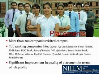 Placements
 More than 200 companies visited campus
 Top ranking companies like: Capital IQ, Grail Research, Copal Parters,
  IDBI Bank, UCO Bank, Bank of Baroda, ING Vyas Bank, South Indian Bank,
  HCL, Deloitte, Reliance Capital, Grasim, Hyundai, Asian Paints, Berger Paints,
  Panalpina etc

 Significant improvement in quality of placement in terms
  of job profile
 