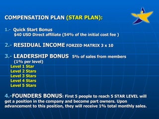 COMPENSATION PLAN  (STAR PLAN): 1.-  Quick Start Bonus $40 USD Direct affiliate (54% of the initial cost fee ) 2.-  RESIDUAL INCOME   FORZED MATRIX 3 x 10 3.-  LEADERSHIP BONUS   5% of sales from members  (1% per level)   Level 1 Star  Level 2 Stars Level 3 Stars Level 4 Stars Level 5 Stars 4.- FOUNDERS BONUS : First 5 people to reach 5 STAR LEVEL will get a position in the company and become part owners. Upon advancement to this position, they will receive 1% total monthly sales.  