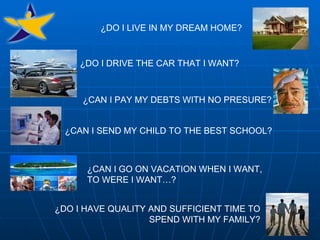 ¿CAN I GO ON VACATION WHEN I WANT, TO WERE I WANT…? ¿DO I LIVE IN MY DREAM HOME? ¿DO I DRIVE THE CAR THAT I WANT? ¿CAN I SEND MY CHILD TO THE BEST SCHOOL? ¿CAN I PAY MY DEBTS WITH NO PRESURE? ¿DO I HAVE QUALITY AND SUFFICIENT TIME TO SPEND WITH MY FAMILY? 