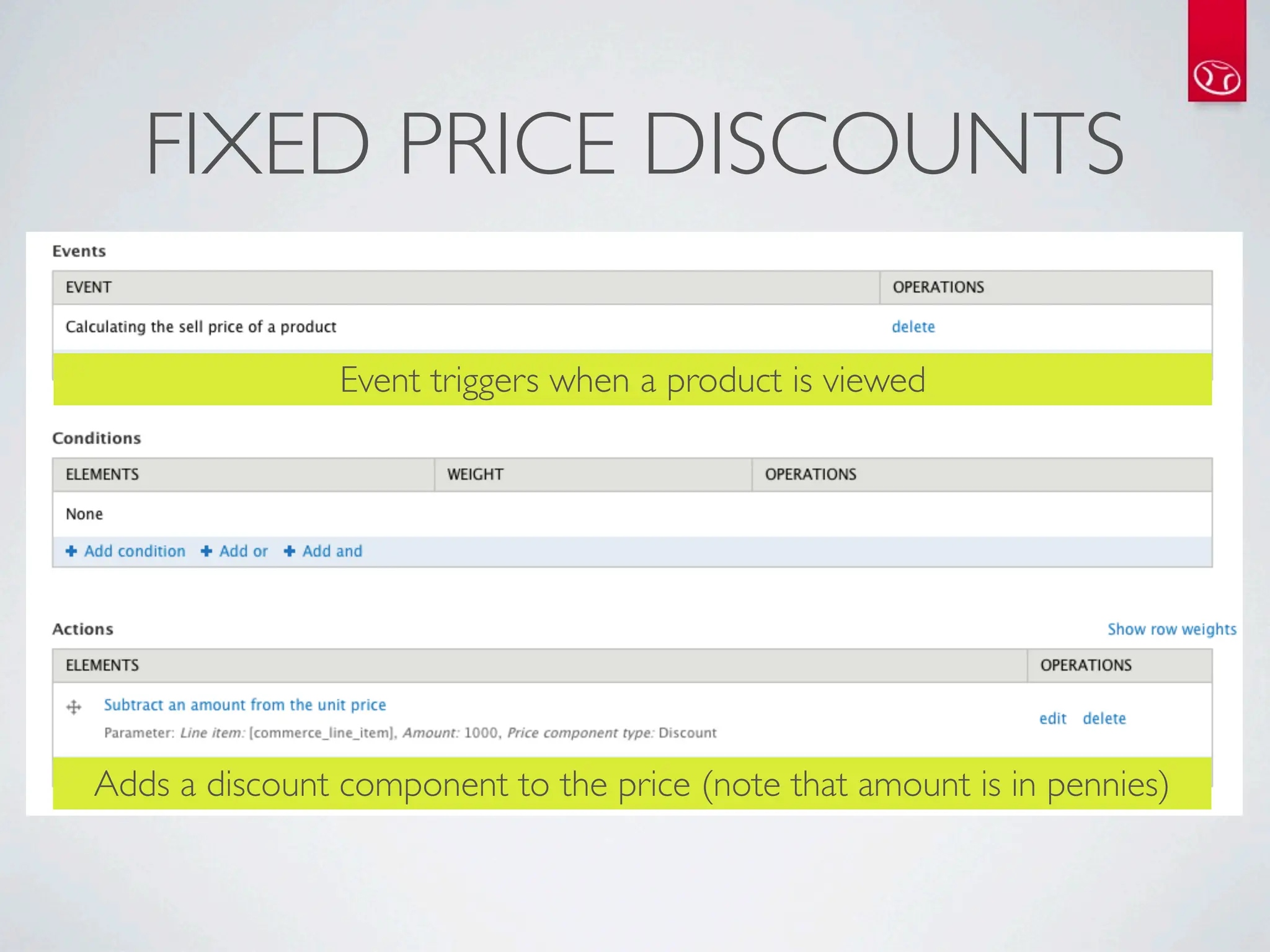 FIXED PRICE DISCOUNTS

                Event triggers when a product is viewed




Adds a discount component to the price (note that amount is in pennies)
 
