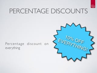 PERCENTAGE DISCOUNTS


                                           10%
                                         EVE    OFF
Pe r c e n t a g e d i s c o u n t o n       RYT
everything                                      HIN
                                                    G!
 