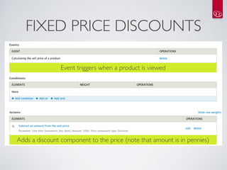 FIXED PRICE DISCOUNTS

                Event triggers when a product is viewed




Adds a discount component to the price (note that amount is in pennies)
 